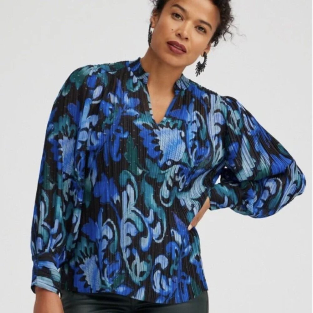 Chico's Blue Black Pleated Textured Ruffle Detail Long Sleeve Blouse size 18